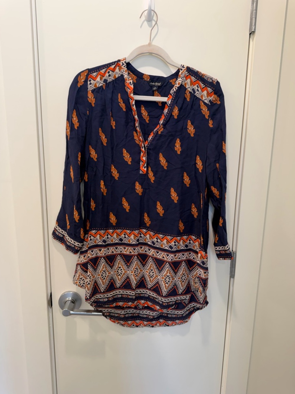 Lucky Brand Navy and Orange Printed V-Neck Tunic